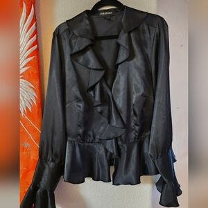 Lane Bryant Black Satin Ruffle Blouse